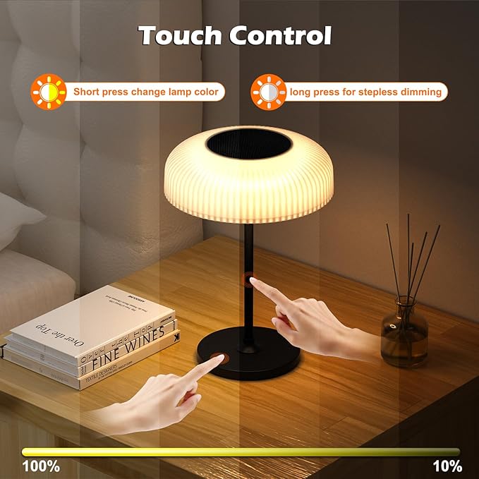 Nreonrick Cordless Mushroom Table Lamp, Portable Rechargeable Solar Night Light with Gesture and Touch Solar Table Lamps for Outdoor Patio, Garden Camping, Bedside Decor, Waterproof Lighting