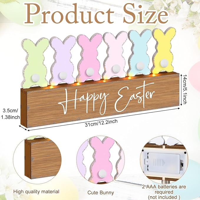 Yousoontic Easter Decorations Wooden Bunny Table Decor with LED Lights, Lighted Bunny Butt Centerpiece, 3D Farmhouse Easter Rabbit Sign for Mantel, Tiered Tray, Home Desk, Office, Spring Party