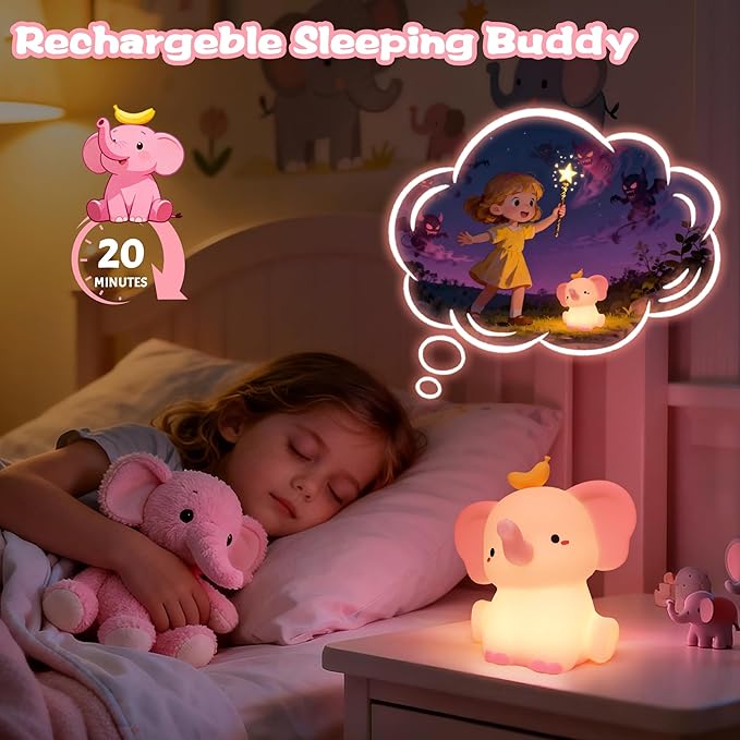 Pink Elephant Night Light, Cute Squishy Silicone Lamp, Dimmable Touch Control Elephant Gifts for Girls Daughter, LED Nursery Bedside Lamp for Girls Room Decor Birthday Xmas Gifts