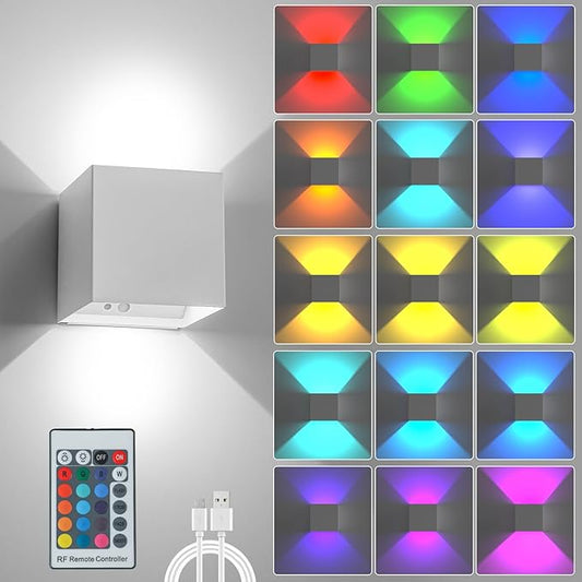 RGB LED Wall Light, 6000mAh Battery Operated Wall Sconce16 Colors, Rechargeable, Remote Control, Dimmable, Magnetic, Cordless Wall Light for Bedroom Living Room Decor, White