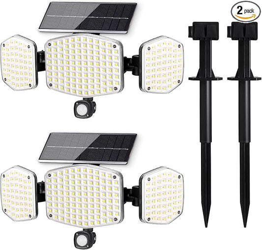 Solar Motion Sensor Outdoor Lights with Stakes, In-Ground or Wall Mount, 270° Wide Angle Illumination, 208 LED Solar Powered Security Flood Lights, IP65 Waterproof, 2 Pack