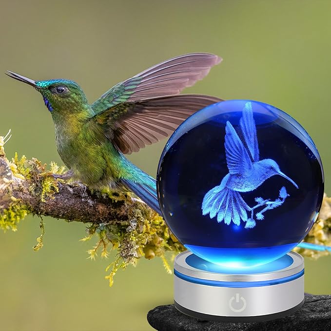 3D Hummingbird Crystal Ball Night Light with LED Colorful Touch Base 3.15 in Hummingbird Figurine Glass Sphere Lamp for Birthday Christmas, Cute Hummingbird Home Decor Gifts for Kids Teens Women