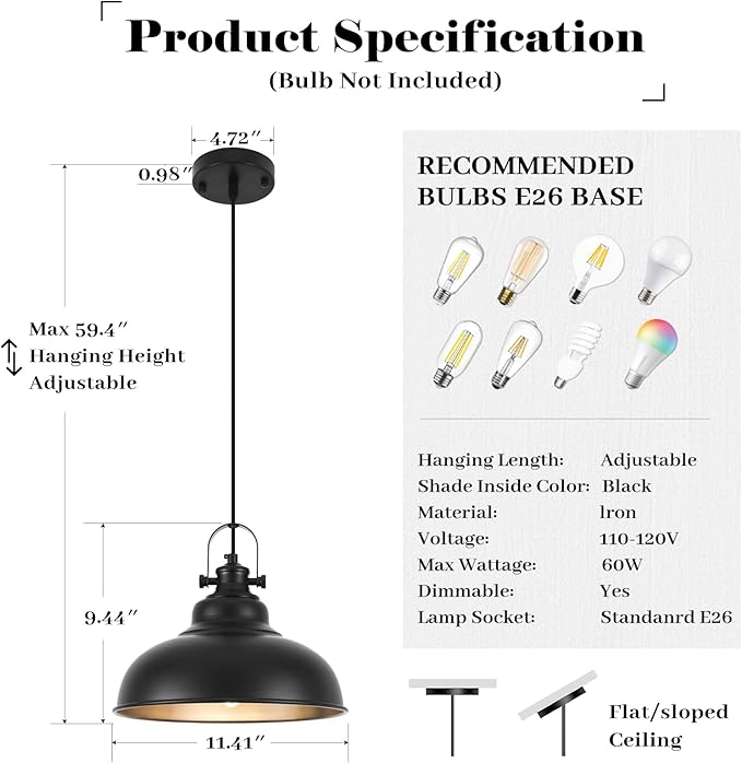 Black Pendant Lights Kitchen Island, 11.4 Inch Dome Pendant Light, Farmhouse Pendant Light, Island Pendant Light for Kitchen Island, Dining Room, Living Room (1 Pack)