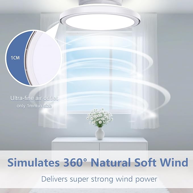 18" Bladeless Ceiling Fan, Low Profile Ceilings Fans with Light for Bedroom, Bsladeless Ceilings Fans with Remote/APP Control, Enclosed Led Ceilings 3 Colors Dimmable Reversisble,White