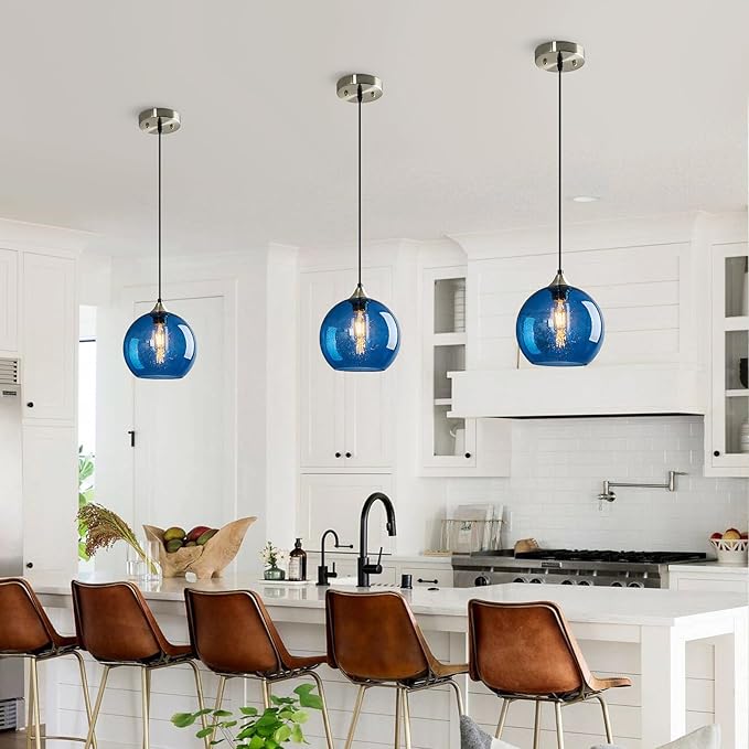 Blue Glass Pendant Lights Kitchen Island Lighting Globe Pendant Light Fixtures Modern Pendant Lighting for Kitchen Island Bedroom Living Dining Room Light Fixture(7.87in, 2-Pack)