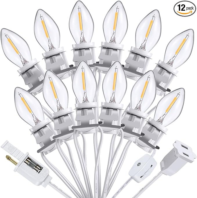 Meonum 1 Pack Christmas Village Lights Accessory Cord with 12 LED Light Bulbs, 21.3 FT C7 LED Lights with Dual Fuse and Switch Compatible with Dept 56 Christmas Holiday Craft Project Decor