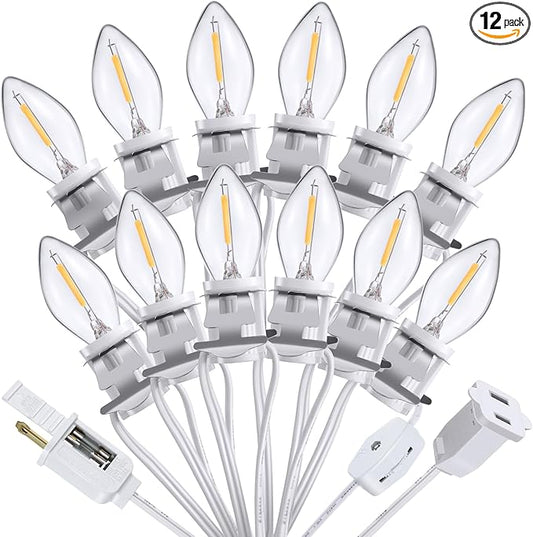 Meonum 1 Pack Christmas Village Lights Accessory Cord with 12 LED Light Bulbs, 21.3 FT C7 LED Lights with Dual Fuse and Switch Compatible with Dept 56 Christmas Holiday Craft Project Decor