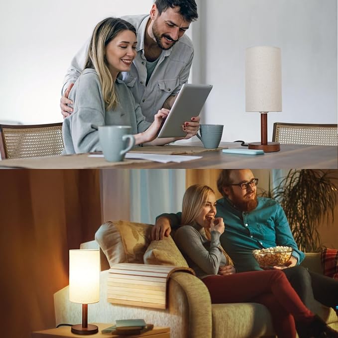 Small Table Lamp Nightstand Lamp Linen Lampshade Bedroom Wood Base Small Bedside Lamp for Night Stands, Desk Lamps for Reading Living Room, Office (LED Bulb Included) (Black-Walnut Wood（2）)