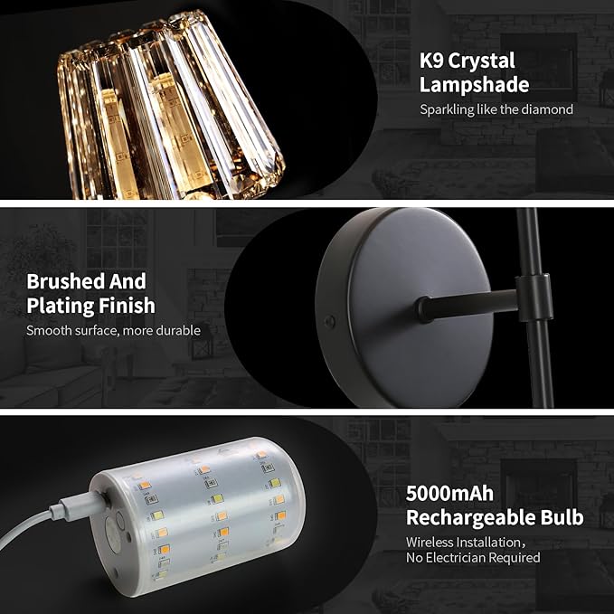 Battery Operated Crystal Wall Sconce Set of 2, Black Rechargeable Wireless Wall Sconces with Remote Dimmable 12 Colors Modes Led Wall Lights, Wall Lamp for Bedroom Living Room Hallway 2 Bulbs Included