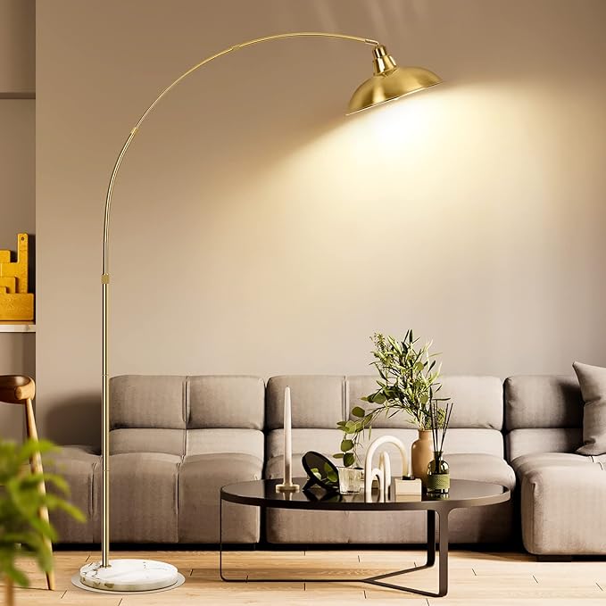 Gold Brass Arc Floor Lamp for Living Room - Mid Century Modern Standing Lamp, Overhanging Floor Lamps, Arch Stand Up Lamp & Floor Light with White Marble Base, Ideal for Bedroom Study Room
