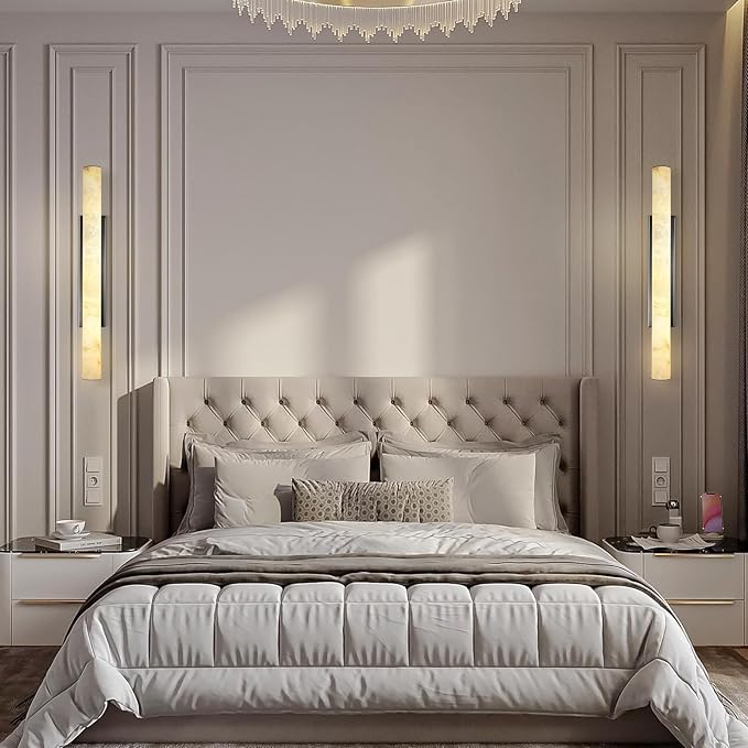 Alabaster Wall Sconces, 36" Large Bronze Wall Sconce, Modern Sconces Wall Lighting, Spanish Natural Marble Wall Sconce Light for Living Room, Bedroom, Hallway, Stairs