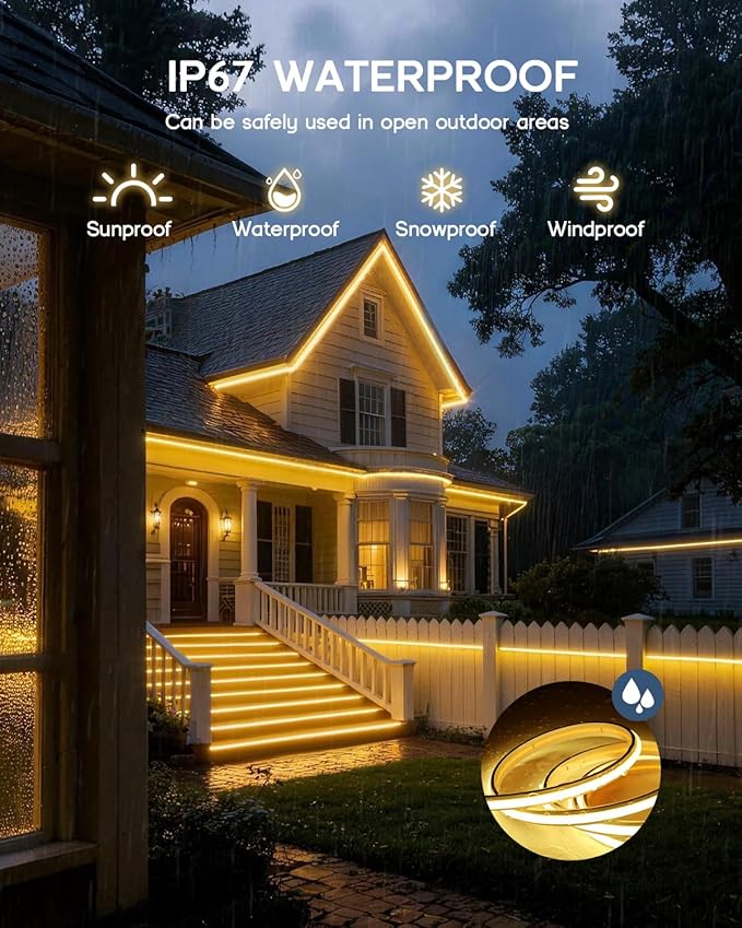 COB LED Strip Lights Daylight White 6000K,12V 16.4ft IP67 Waterproof High CRI 90Ra+ Super Bright,Flexible Tape Lights for Outdoor,Bedroom,Kitchent,Cabinet,Bathroom(Power Supply Not Included)