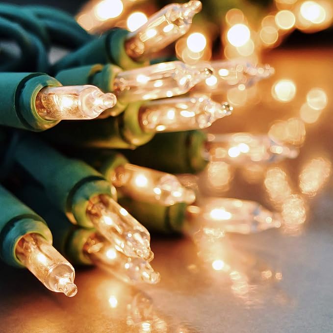50 Christmas Mini Lights Set - 12.3 ft / 3.7 m - 120V - Clear Warm White Bulbs 2800K - Green Wire - Decor Lights for Patio Garden Wedding Holiday Christmas Tree - Indoor and Outdoor Decorative Use