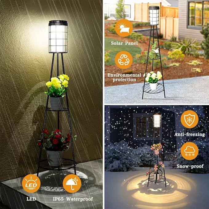 2 Pack 45.3'' Outdoor Floor Lamp IP65 Waterproof with 2 Plant Stands - Solar Lights & Street Lights with Metal Tripod - Patio Decor for Garden, Yard, Pathway, Driveway, Porch