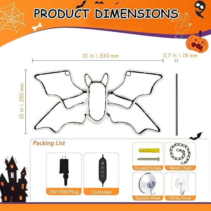 Bat Neon Sign for Wall Art Decor,Led Sign Animated Bat Swing Neon Light Up Sign for Wall Decor Bedroom Home Decor Bar Halloween LED Decoration Light,Plug in Powered Dimmable LED Light,21" x 10"