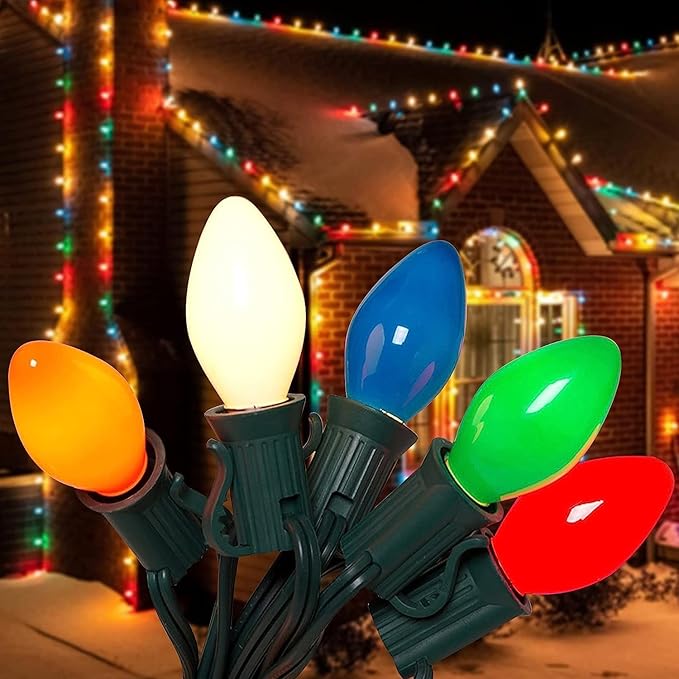 C7 Ceramic Christmas Replacment Bulbs, 25 Pack Multicolor Light Bulbs for E12 Candelabra Base Outdoor/Indoor String Lights, 5 Watt