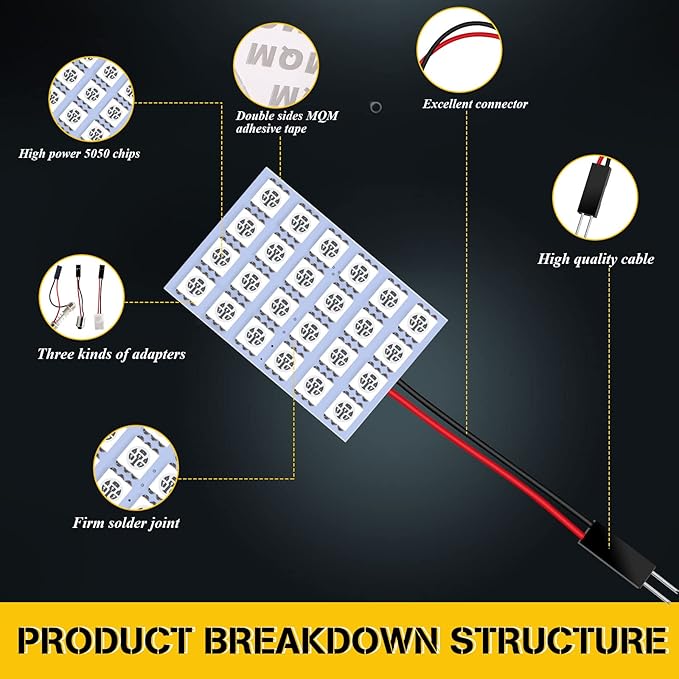 YM E-Bright 5-Pack Blue 5050 24SMD Led Panel Dome Light Lamp Auto Car Reading Interior Lamp DC 12V With T10 / BA9S / Festoon Adapters