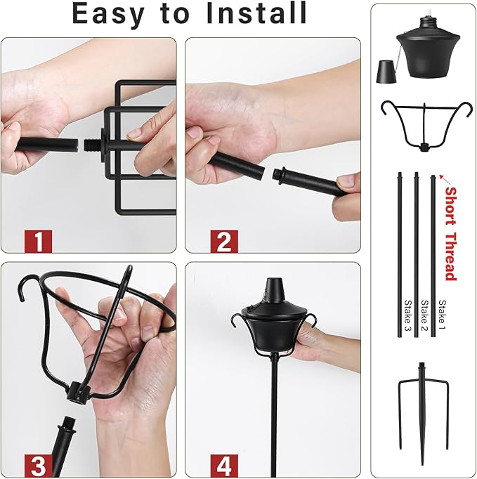 6 Pack Outdoor Garden Torch, 15 oz Outdoor Citronella Torches, 58 Inch 5-Prong Grounded Stake Torches, Metal Torches with Fiberglass Wick for Yard, Patio, Deck, Garden, Party, Landscape ﻿