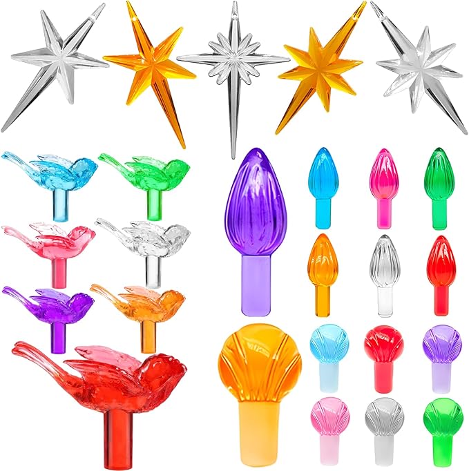130Pcs Ceramic Christmas Tree Medium Replacement Lights Bulbs/Tree Pegs Decoration Accessories - Twist/Bird/Round Earth & 4Pcs Modern Star (Pentagram and Heptagram)