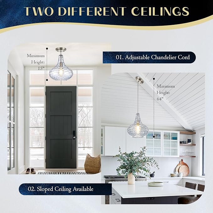 11" Smoked Hammered Glass Pendant Light – Modern Ceiling Hanging Fixture with Brushed Nickel Finish for Kitchen Island, Dining Room, Hallway, Entryway – E26 Base