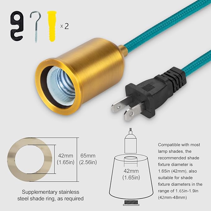 Hanging Light with Plug in Pendant Kit Cord Rope Lamp Bulb Socket Teal Exposed Lantern Fabric Cloth Switch Fixture with Braided Cords Industrial Porcelain Gold Holder DIY Swag Lighting 15ft 2 Set