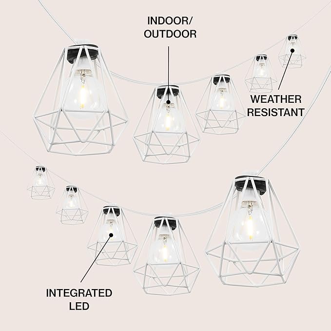 JONATHAN Y JYL8705B 10-Light Indoor/Outdoor 10 ft. Contemporary Transitional LED G40 Diamond Cage String Lights Modern, Patio, Porch, Backyard, White