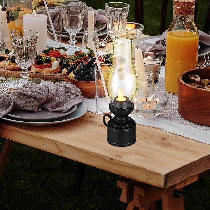 Zerodeko Kerosene Lamp Vintage Flameless Table Lamp Led Kerosene Lantern Clear Hurricane Lamp Battery Operated Nightstand for Bedroom Living Room Black