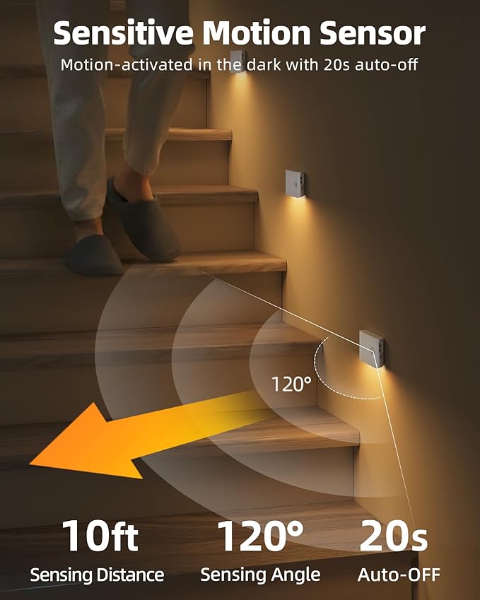 EZVALO Motion Sensor Light Indoor, 1500mAh Rechargeable Stair Lights, Magnetic & Dimmable, 3000K Soft White, Wireless Night Lights for Hallway, Stairway, Bathroom, Bedroom, 8 Pack