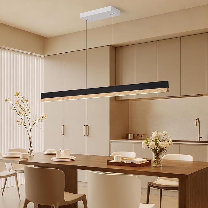 43" Wood Linear Pendant Light, 24W LED Dimmable Hanging Pendant Light, Wood Linear Chandelier with Remote, Modern Pendant Lights Kitchen Island for Dining Room, Bar, Office-Natural