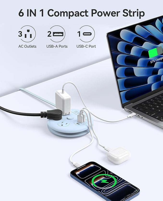 ORICO Travel Power Strip, 4Ft Flat Plug Extension Cord with 3 AC Outlets and 2 USB-A and 1 USB-C Charging Ports, Non-Surge Protector, Travel Essential for Cruise/Home/Office, Blue-OR