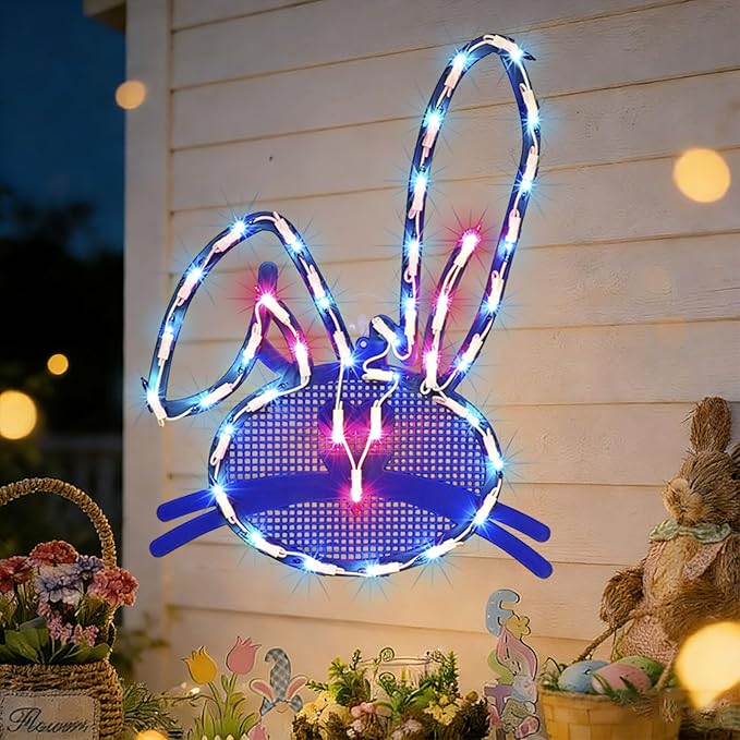 17" 40LED Lighted Blue Bunny Easter Decor - UL Certified, Gentle Warm Glow, Window & Hanging Decor, Cozy Mantel Accent, Delicate Gift Box Packed