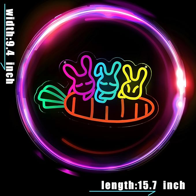 Easter Sign Rabbit Neon Sign for Easter Window Decorations, Cute Led Bunny Carrot Light UP Party Sign Home Room Decor, Wall Decor, Easter Gifts for Kids