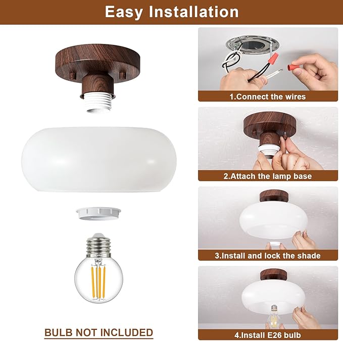 Mid-Century Modern Semi Flush Mount Ceiling Light, Faux Walnut Wood Kitchen Light Fixtures with Glass Shade, Mini White Close to Ceiling Lamp for Entryway Hallway Bathroom (8.66 Inch)