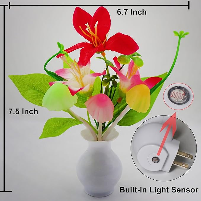 4PCS Plug-in Night Light with Auto Light Sensor,RGB LED Mushroom Night Light Wall Red Lily Flower Lamp for Adults Kids Nursery Room,Bedroom,Lounge,Hallway,Stairs