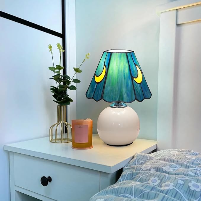Mushroom Lamp Tiffany Lamp Stained Glass Table Lamp Moon Cute Small Bedside Lamps for Living Room Home Decor,Unique Aesthetic Home Living Room Decor Girls Women Birthday Day Gift,Sea Blue