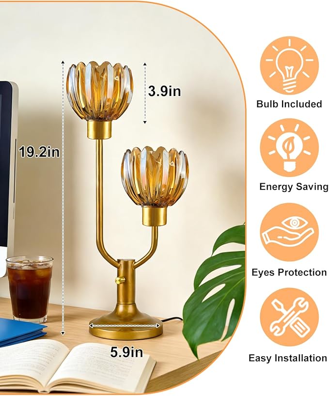 Lightdot Mid Century Modern Glass Table Lamp Gold Dimmable U-Shaped Desk Lamps with Brown Glass Shade& 2Pcs 3000K Warmwhite Bulbs Included Bedside Nightstand Lamp for Living Room Bedroom