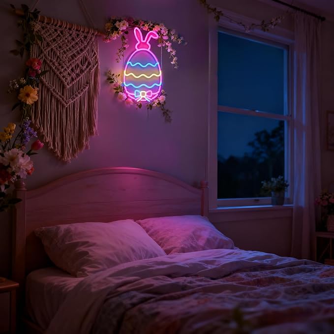 Easter Egg Neon Sign - Hidden Bunny & Colorful Eggs LED Wall Decor, USB Dimmable Spring Decor with Surprise Rabbit Design - Magical Easter Decorations for Home & Party