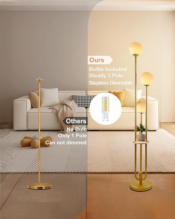 Lightdot 63IN Dimmable Gold Floor Lamp with Shelf Mid Century Standing Lamps with 3000K Bulbs Included with Candle Holder Style Modern Globe Floor Lamp for Living Room/Party/Sofa Beside/Corner Decor