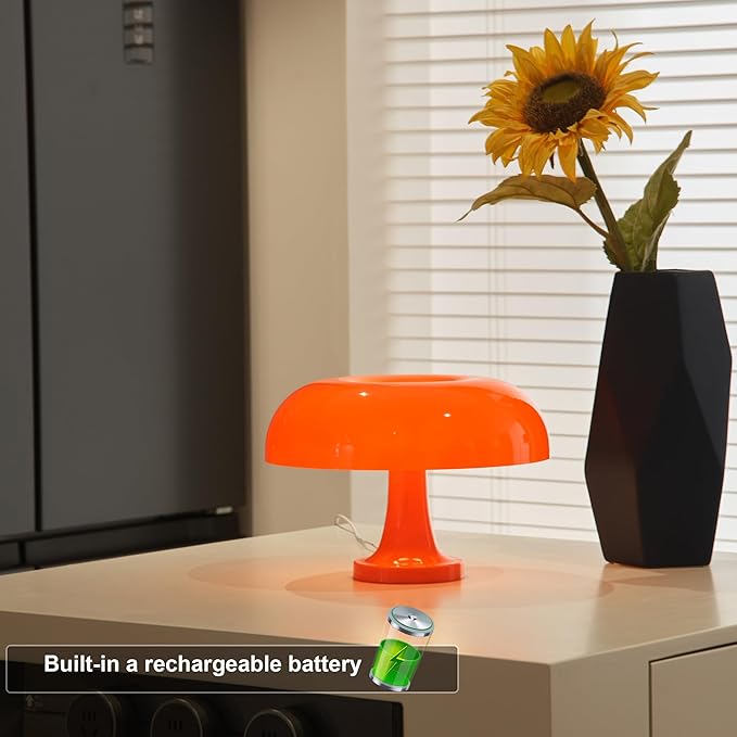 Cordless Mushroom Table Lamp, Rechargeable Orange Bedside Lamp with Touch Control and 3 Color Stepless Dimming, Portable Desk Lamp for Dinner/Restaurant/Bedroom (W11'' x H7.67'')