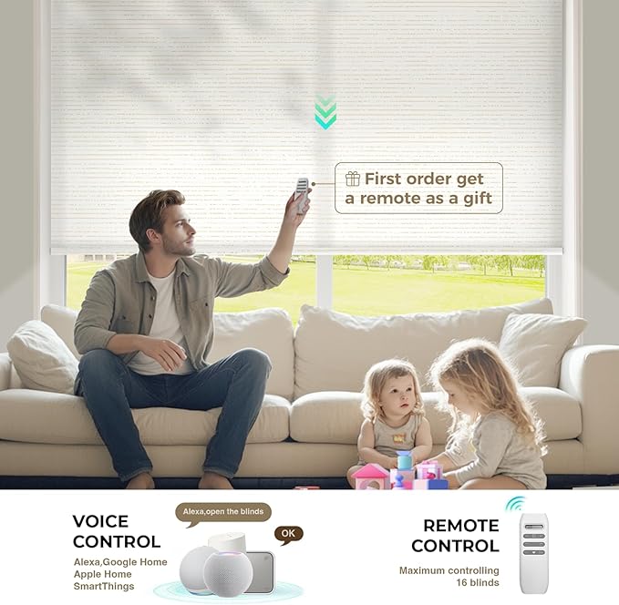 HeyBlinds Motorized Roller Shades, Smart Blinds for Windows, Remote Automatic Window Shades, Electric Shades, Light Filtering, Compatible with Alexa Google Apple Home (Sun Kissed-Creme LF)