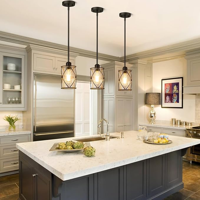 Glass Pendant Lights Kitchen Island 3 Pack, Black Kitchen Pendant Lighting Over Island with Rod, Modern Mini Hanging Light for Sink Dining Room, CH9176BK-3PK