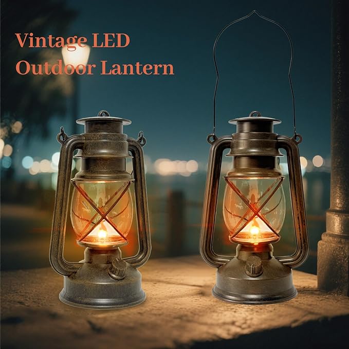 2 Pack LED Vintage Lantern Battery Powered Lanterns with Flame Wick Waterproof Camping Lamp Vintage LED Flame Lamp Hanging Lantern Lights Landscape Patio Garden Pathway Decor for Indoor/Outdoor Use