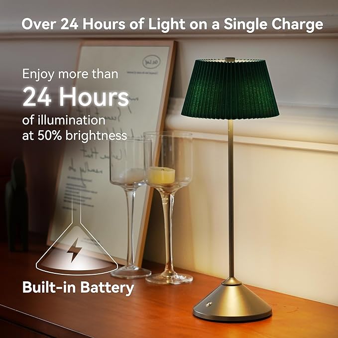 Cordless Rechargeable Table Lamp – 3 Adjustable Color Temperatures, Lightweight & Portable, Matte Metallic Finish, Waterproof, Battery Operated for Indoor& Outdoor Use (Green&Grey)