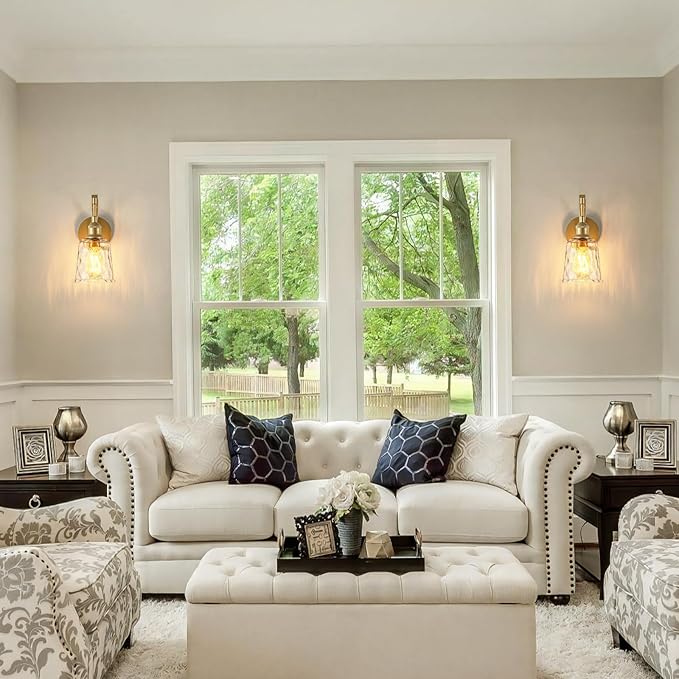 Gold Wall Sconces, Modern Brushed Gold Sconce Wall Lighting, Vintage Glass Light Fixtures for Bathroom Vanity Mirror Living Room Bedroom Kitchen Hallway Stairway E26 Hardwire