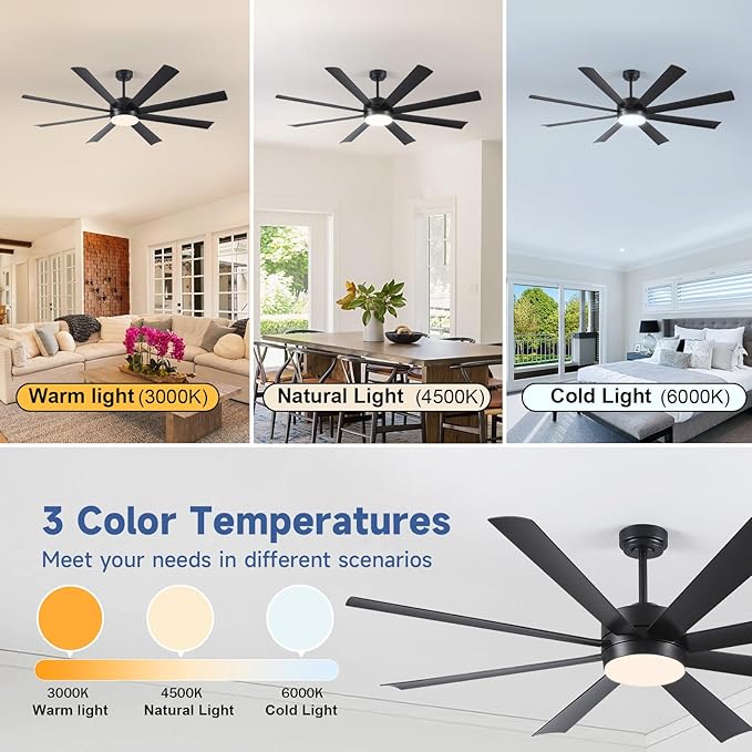 60 Inch Ceiling Fans with Lights, Ceiling Fans with Lights and Remote, Dimmable, Indoor/Outdoor Black Modern Ceiling Fan for Kitchen Living Room Patio, Shop Industrial, Dual Finish 8 Blades