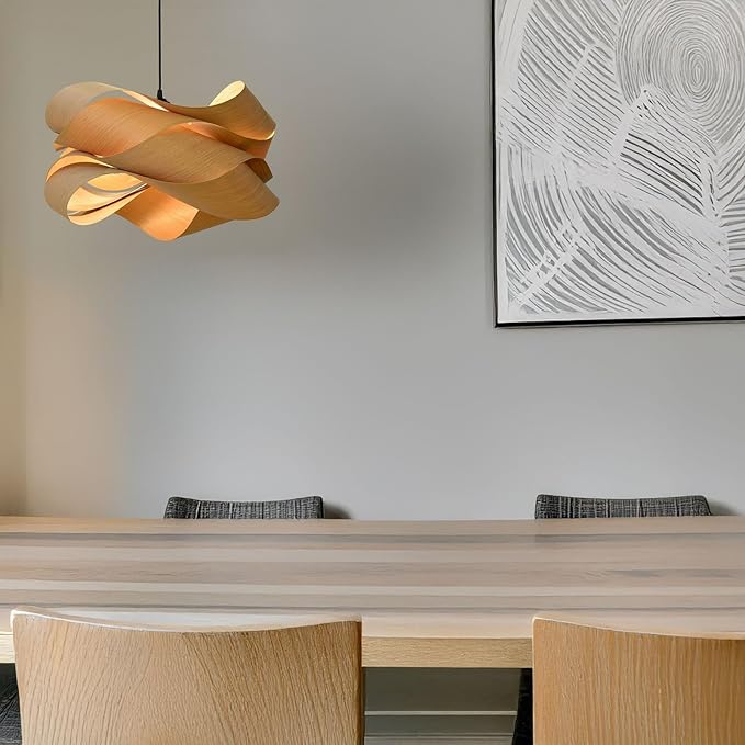 Modern Pendant Light, Nordic Organic Pendant Light, Woven Wood Wave Shade Hanging Lamp, Natural Tone Ceiling Lighting Fixture, for Living Room, Dining Room, Bedroom, Hallway Decor.(Dark Color)