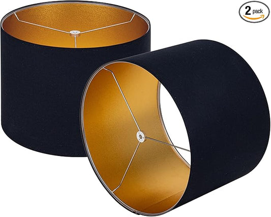 Wellmet Blackgold Set of 2 Drum Lampshades, Easy Assembly Required 18" Top x 18" Bottom x 12" High Replacement Lamp Shades, Fabric Lampshades for Table Lamps Floor Lamps, Metal Spider Fitter