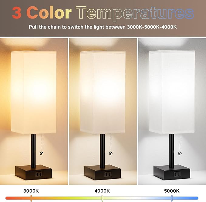 White Bedside Lamps for Bedroom Set of 2 - Small Rectangular Nightstand Lamp with AC Outlet Charging Port, 3 Color Temperatures Desk Light with Bulb, Tabletop Reading Lamp for Living Room/Dorm/Office