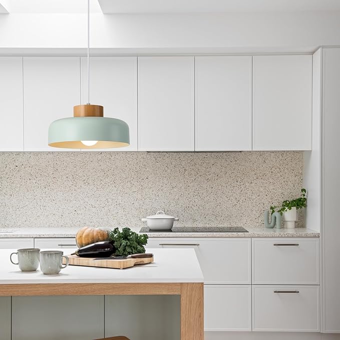 Mid Century Pendant Lights,12.6 inch,Natural Wood Cap,Modern Pendant Light Fixture for Kitchen, Dining Table, Light Blue