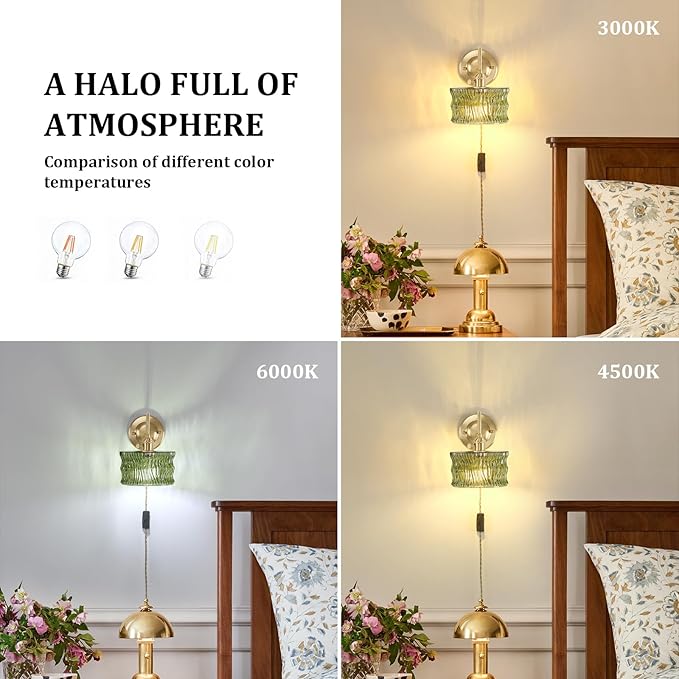 Plug in Wall Sconce Set of 2, Gold Vintage Wall Decor Lights with Green Ripple Glass Shade, Indoor Brass Corded Wall Lamp Fixture for Bedroom Living Room Bathroom Hallway